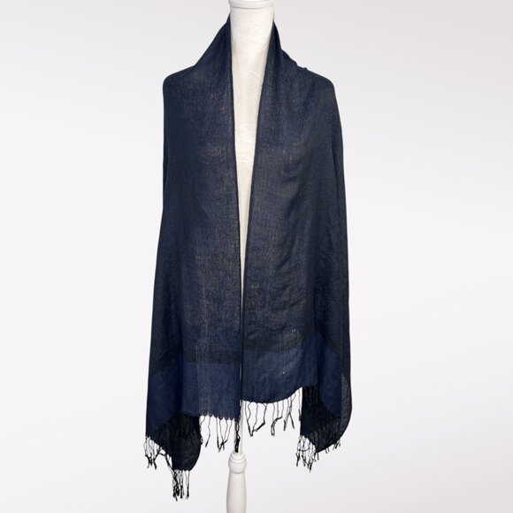 Navy Jacquard Sheer Rectangle Scarf Wrap Shawl Fringe - Picture 1 of 8